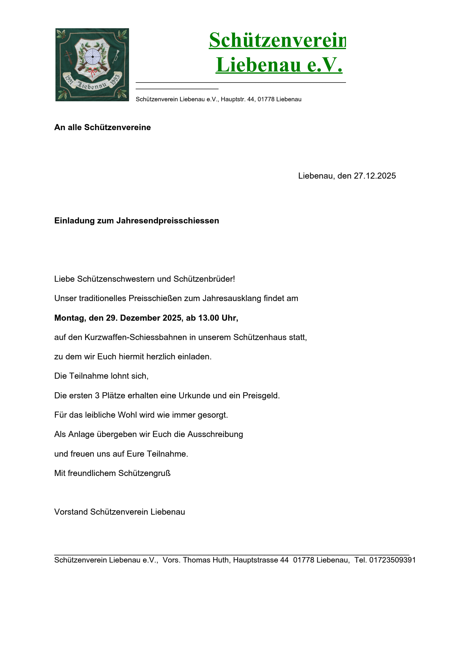 Jahresendschießen SV Liebenau - Einladung